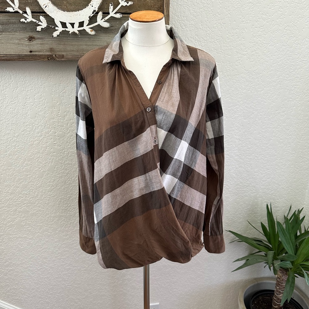 Nicholas‎ K Brown and Cream Plaid Twist wrap front Shirt size Small